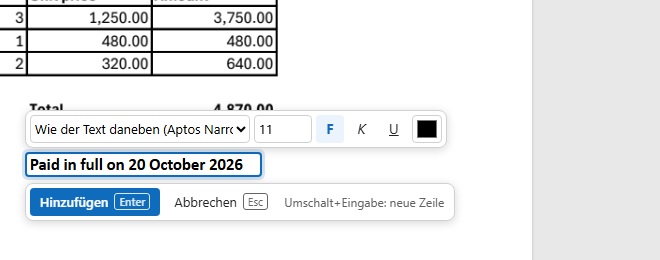Ein Feld unter der Summe, darüber Schrift, Größe und Stil