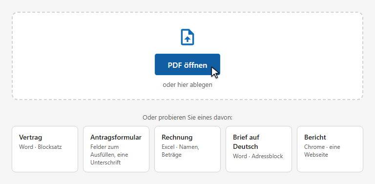 Der Startbildschirm mit PDF öffnen