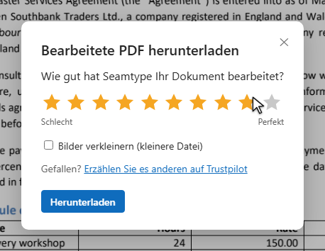 Das Download-Fenster: zehn Sterne zur Bewertung des Ergebnisses und die Schaltfläche Herunterladen