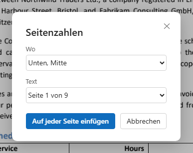 Das Fenster Seitenzahlen: wo und welcher Text
