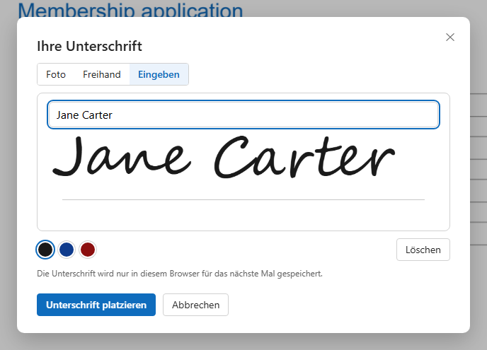 Das Unterschriftsfenster mit dem Namen in einer Handschrift
