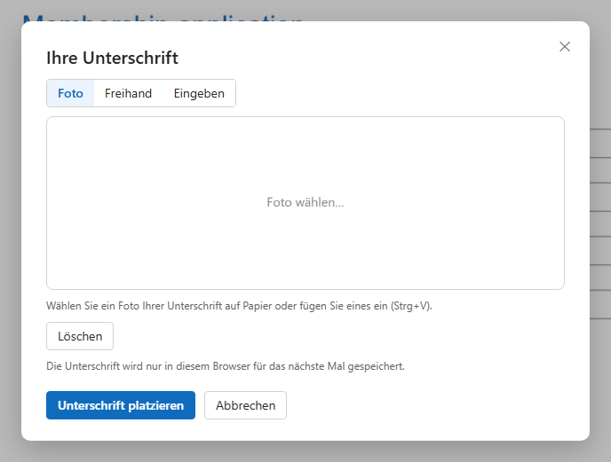 Das Unterschriftsfenster auf der Registerkarte Foto