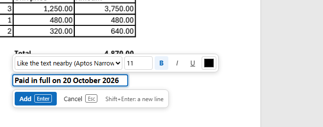 A field under the total, with the font, size and style above it