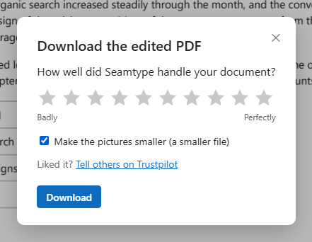 The download window with Make the pictures smaller ticked