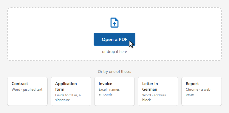 The start screen: the Open a PDF button and samples to try