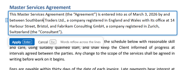 The paragraph open for editing, with Apply and Cancel under it