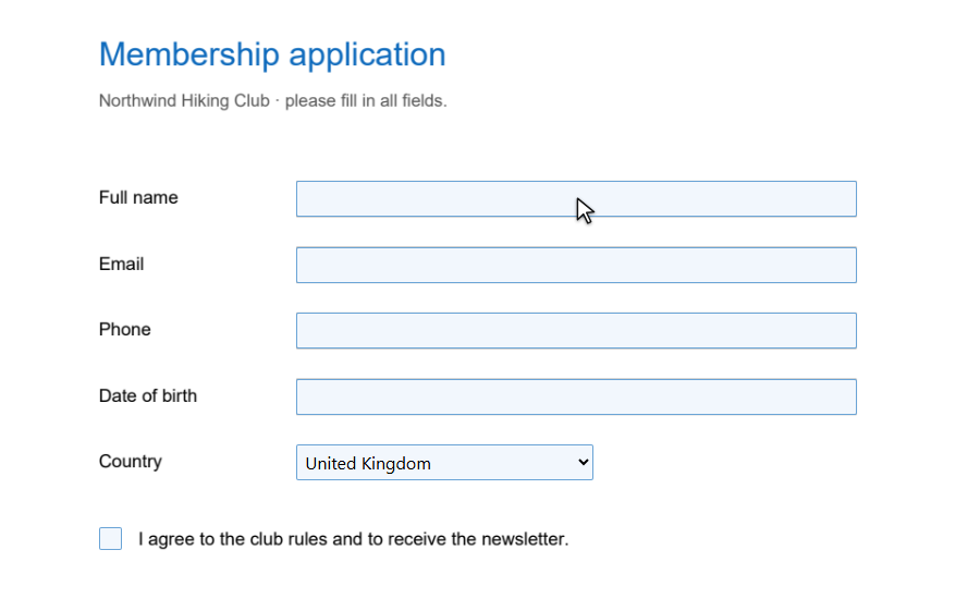 The form with its fields marked in blue