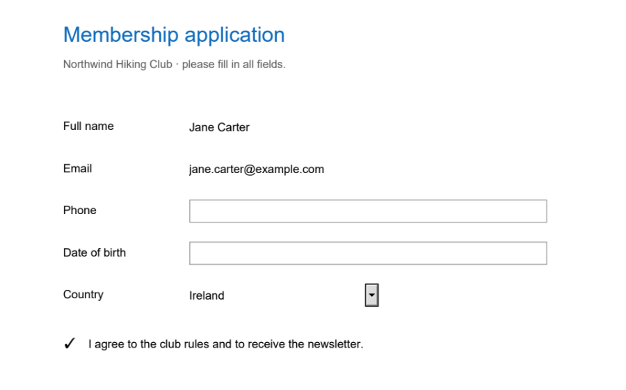 The filled-in form as it will look in the file