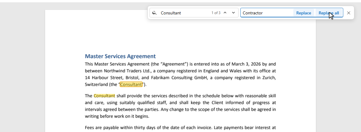 “Contractor” typed in Replace with, the pointer on Replace all