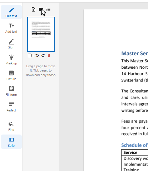 The page strip with the button to add a PDF