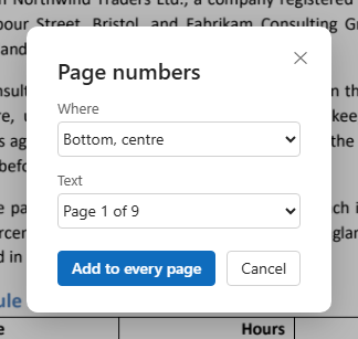The Page numbers window: where and what text