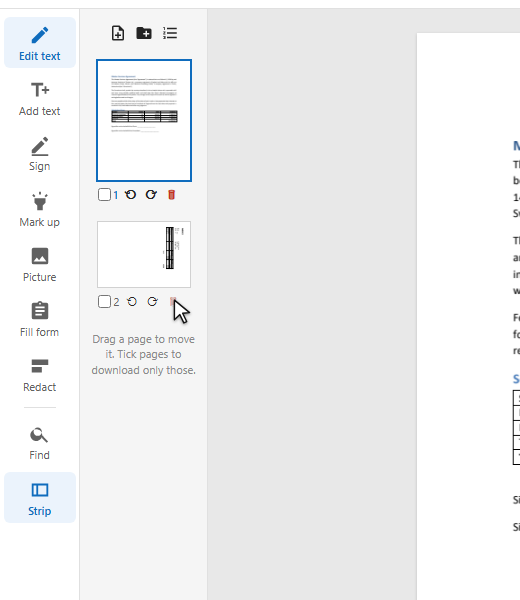 The pointer on the delete button of the second page