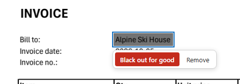 A frame over the customer's name with Black out for good and Remove
