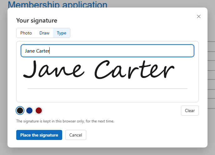 The signature window with the name typed in a handwriting style