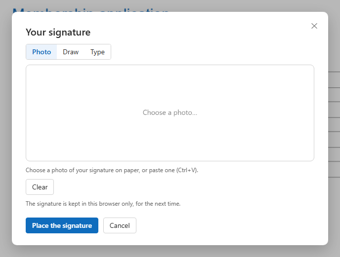 The signature window on the Photo tab