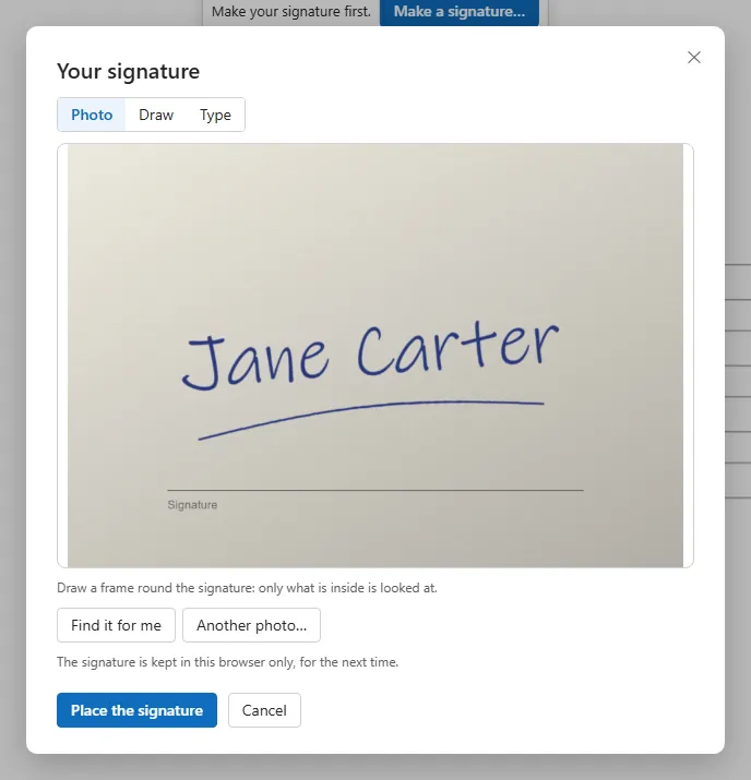 A frame is drawn round the signature in the photo; the paper disappears and only the blue ink remains