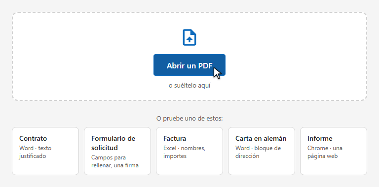 La pantalla de inicio: el botón Abrir un PDF y ejemplos para probar