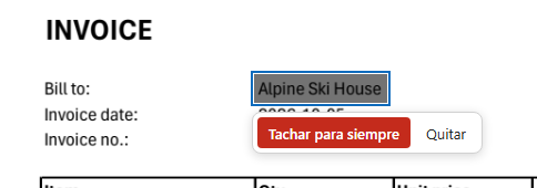 Un marco sobre el nombre del cliente, con Tachar para siempre y Quitar