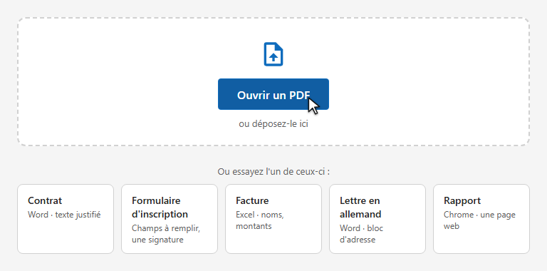 L'écran d'accueil : le bouton Ouvrir un PDF et des exemples à essayer