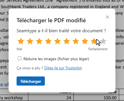 La fenêtre de téléchargement : dix étoiles pour noter le résultat et le bouton Télécharger