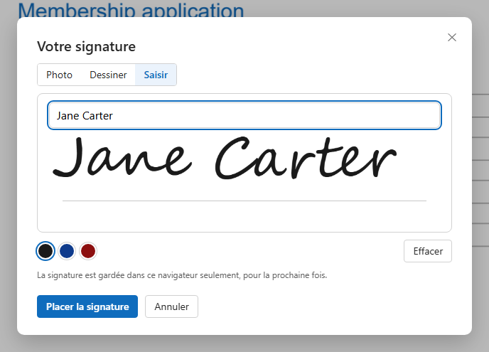 La fenêtre de signature avec le nom tapé dans un style manuscrit