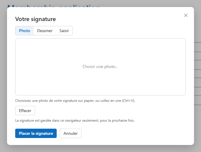 La fenêtre de signature sur l'onglet Photo