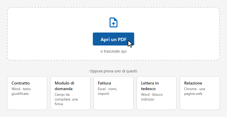 La schermata iniziale: il pulsante Apri un PDF e gli esempi da provare