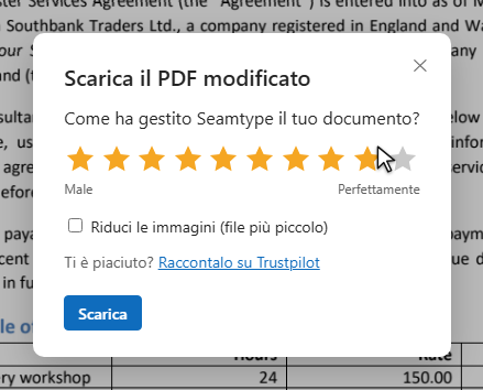 La finestra di download: dieci stelle per valutare il risultato e il pulsante Scarica