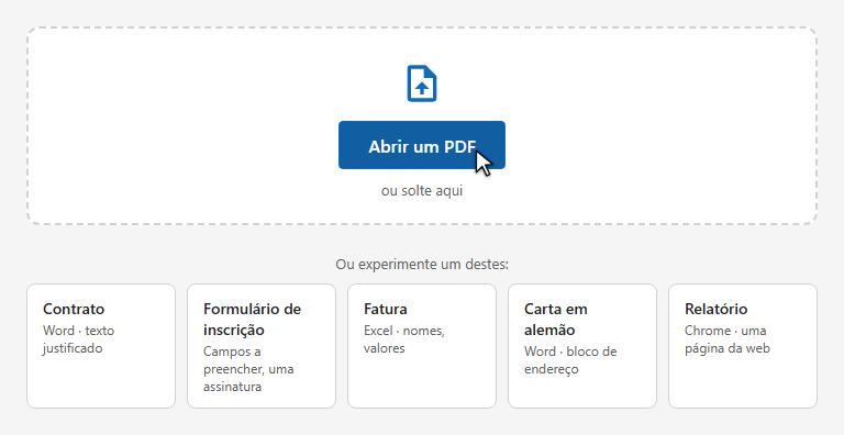 A tela inicial: o botão Abrir um PDF e exemplos para experimentar