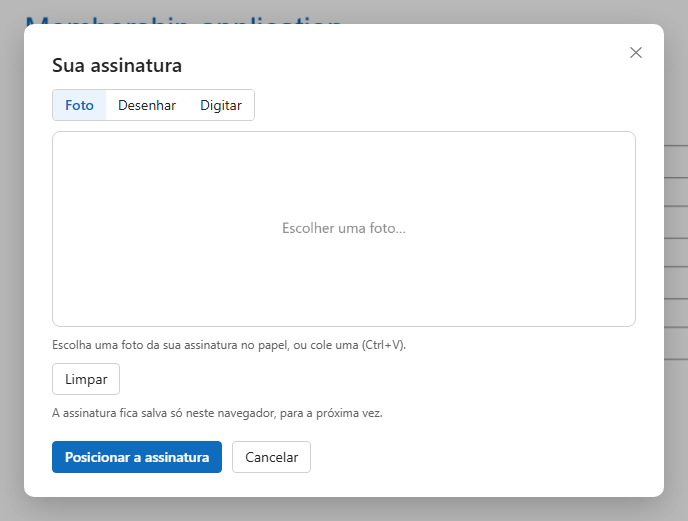 A janela de assinatura na aba Foto